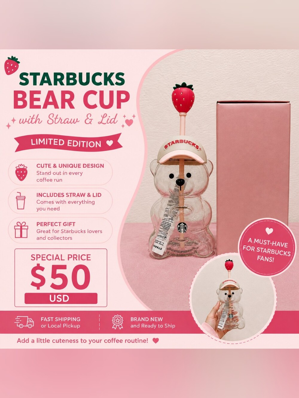 Starbucks Pink Bear Cup with Strawberry Straw and Branded Lid